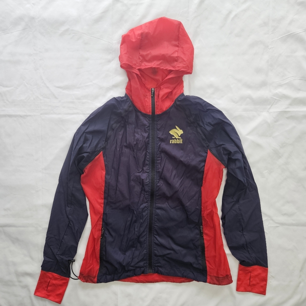 Rabbit Womens L Breezy Back Full Zip Hooded Running Jacket Olympic Red Blue